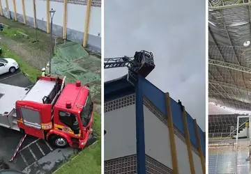 Telhado de ginásio cede com trabalhadores em cima e bombeiros fazem resgate em Itajaí 