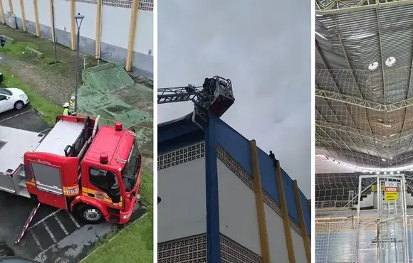 Telhado de ginásio cede com trabalhadores em cima e bombeiros fazem resgate em Itajaí 